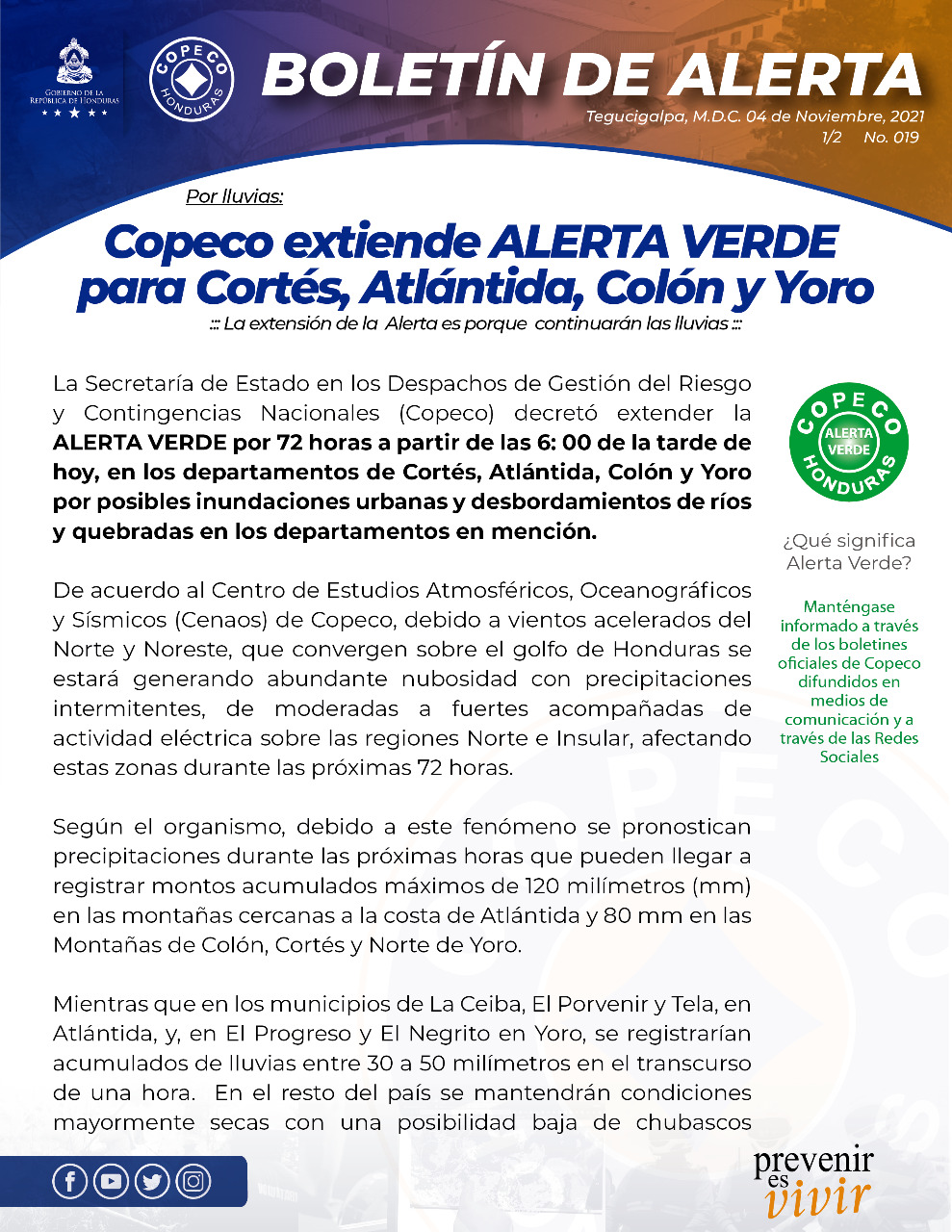 Copeco alerta verde