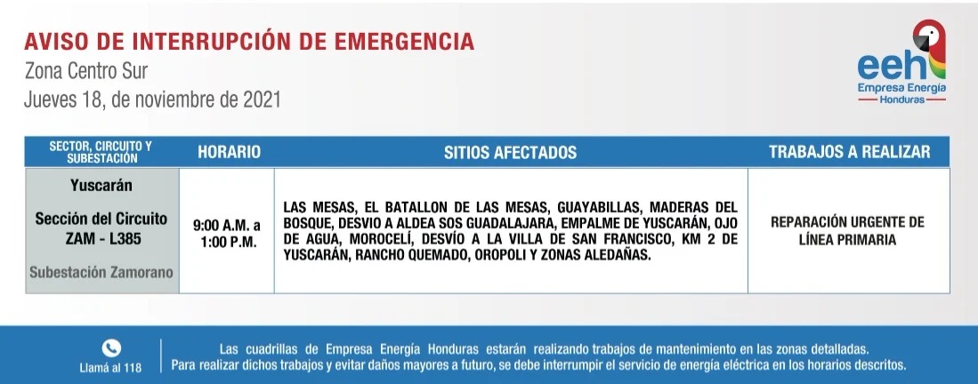 cortes de energía este jueves en Honduras