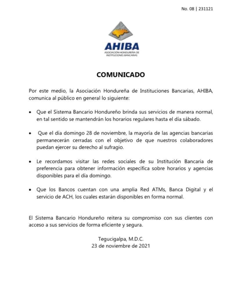 Comunicado de AHIBA.