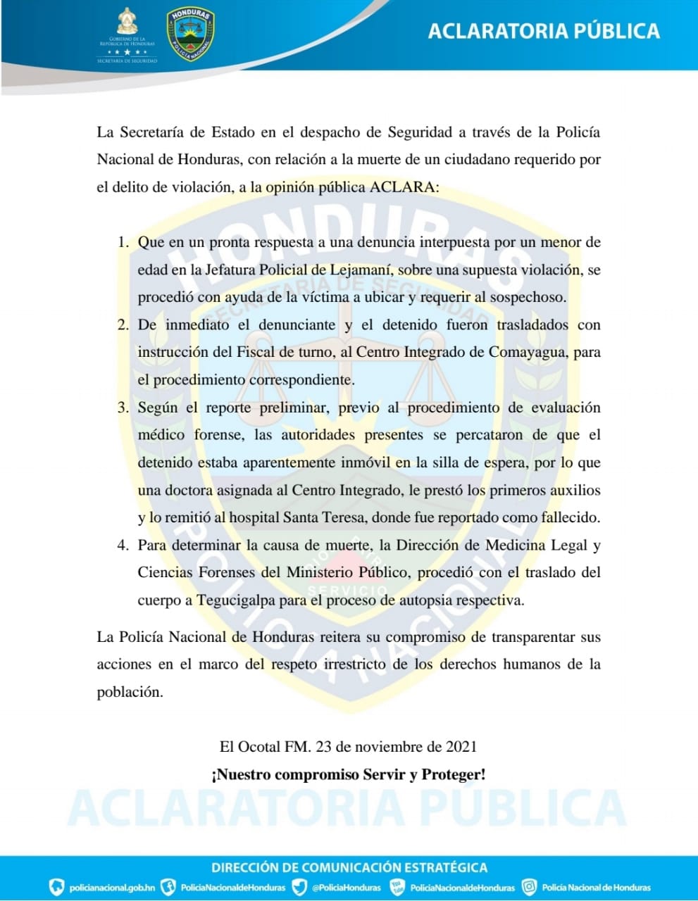 Comunicado Policía Nacional