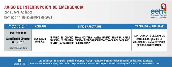 Cortes de luz domingo 14 de noviembre