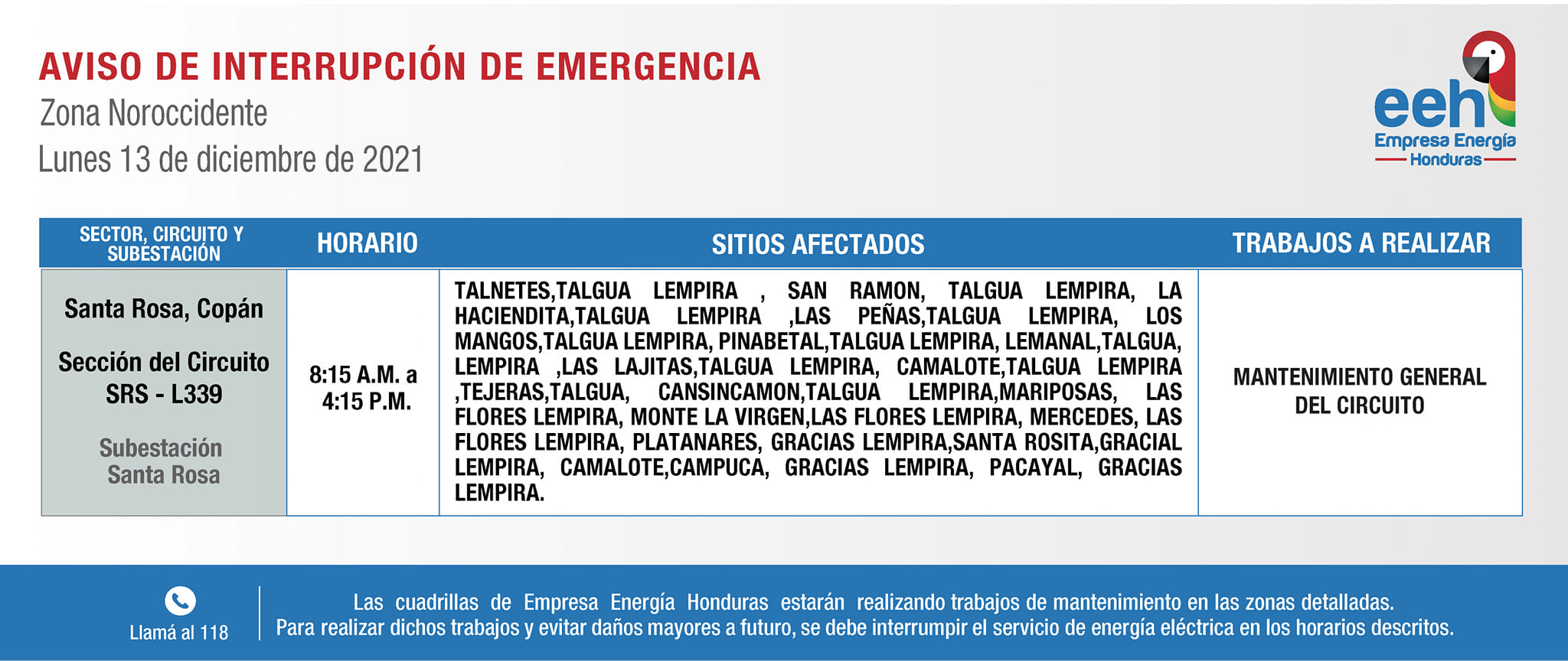 Cortes energía lunes Honduras