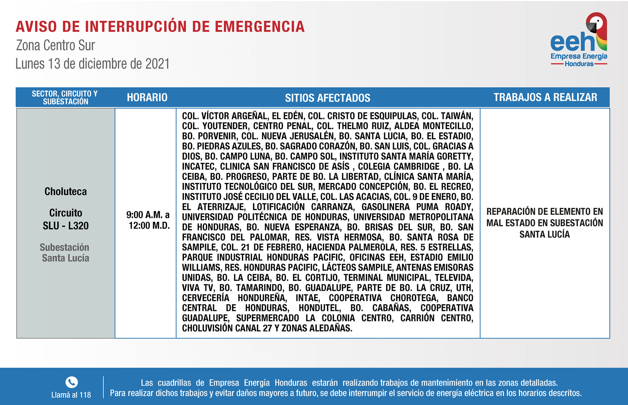 Cortes energía lunes Honduras
