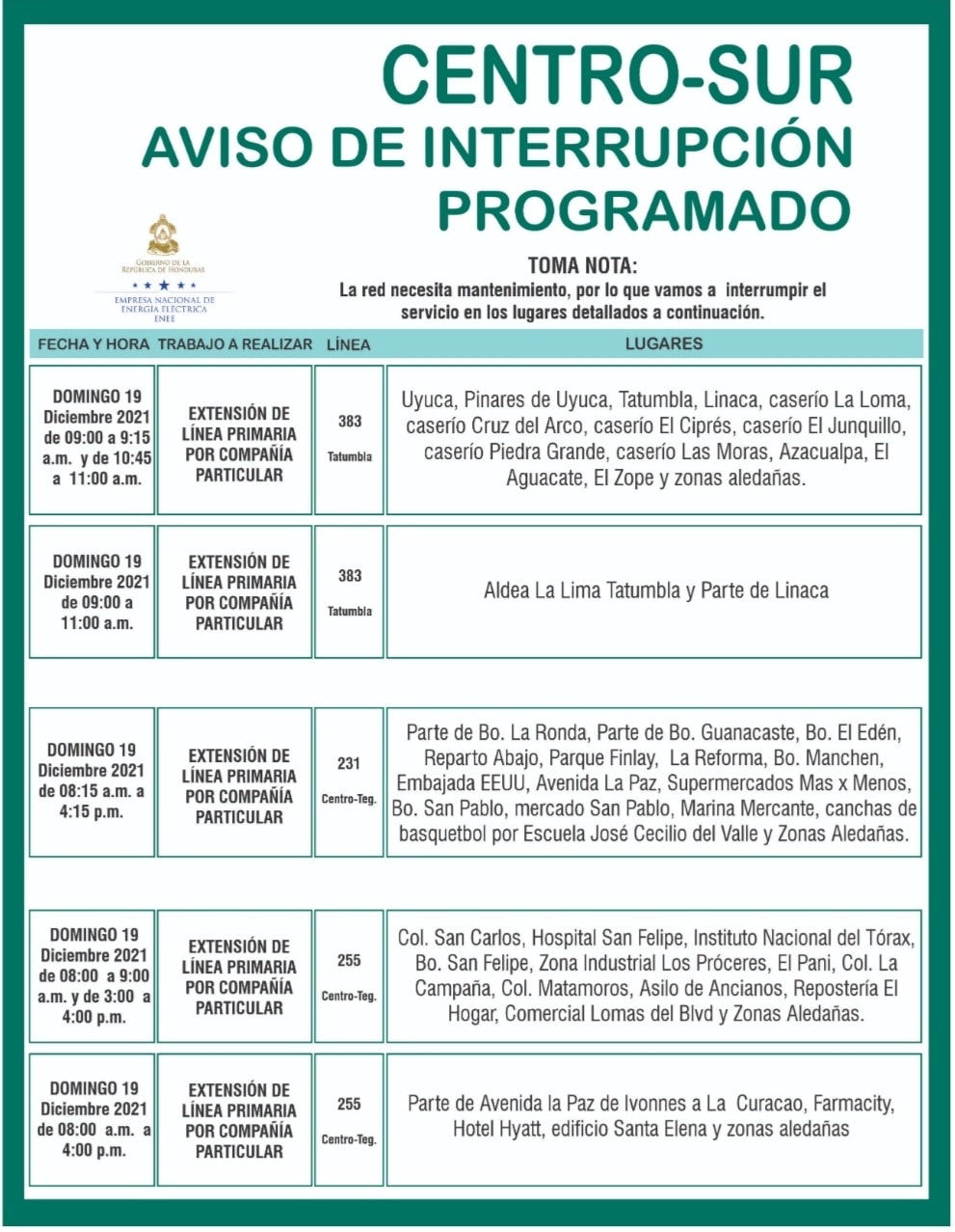 Cortes energía domingo Honduras