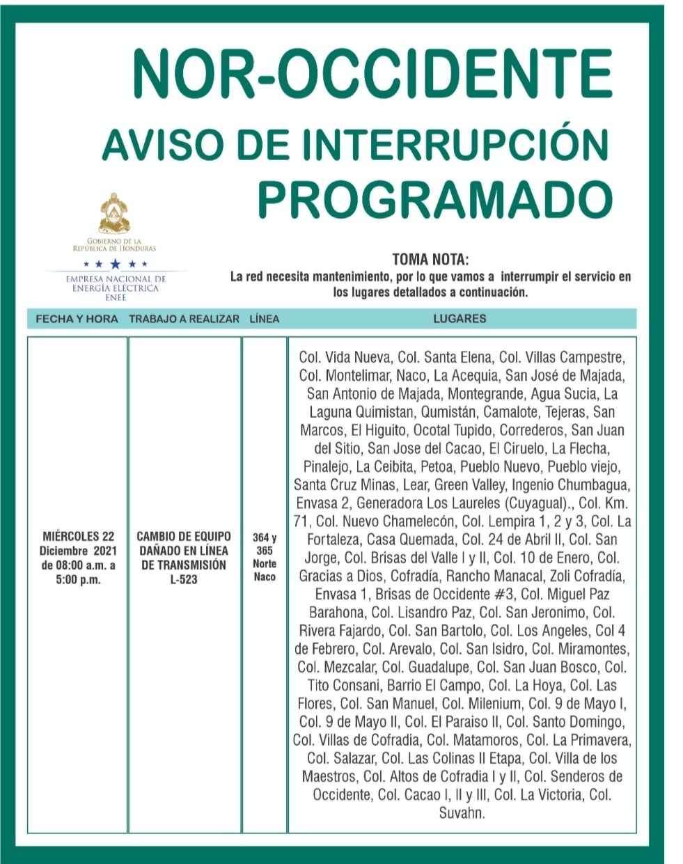 cortes energía 22 de diciembre