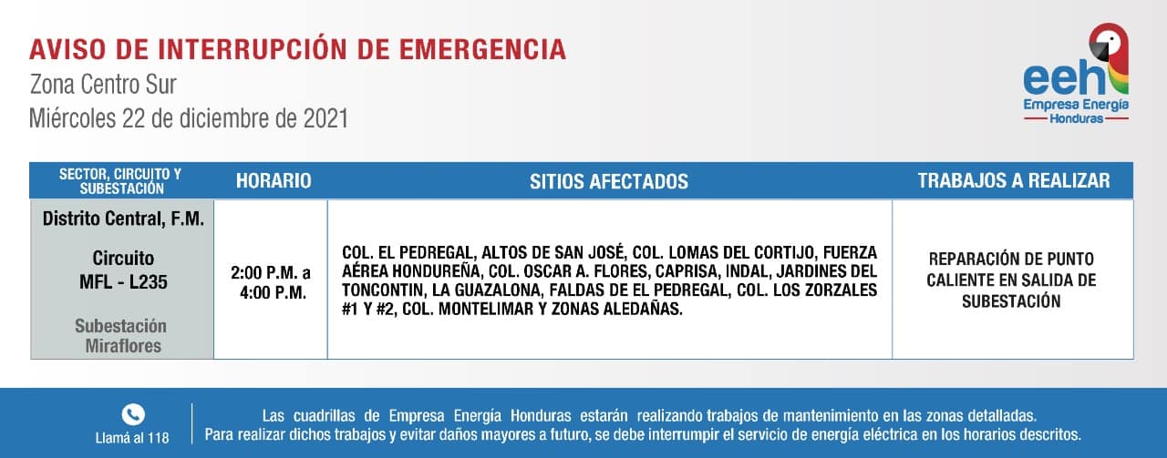 Cortes energía 22 de diciembre