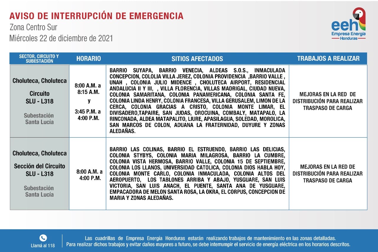 Cortes de energía 22 de diciembre