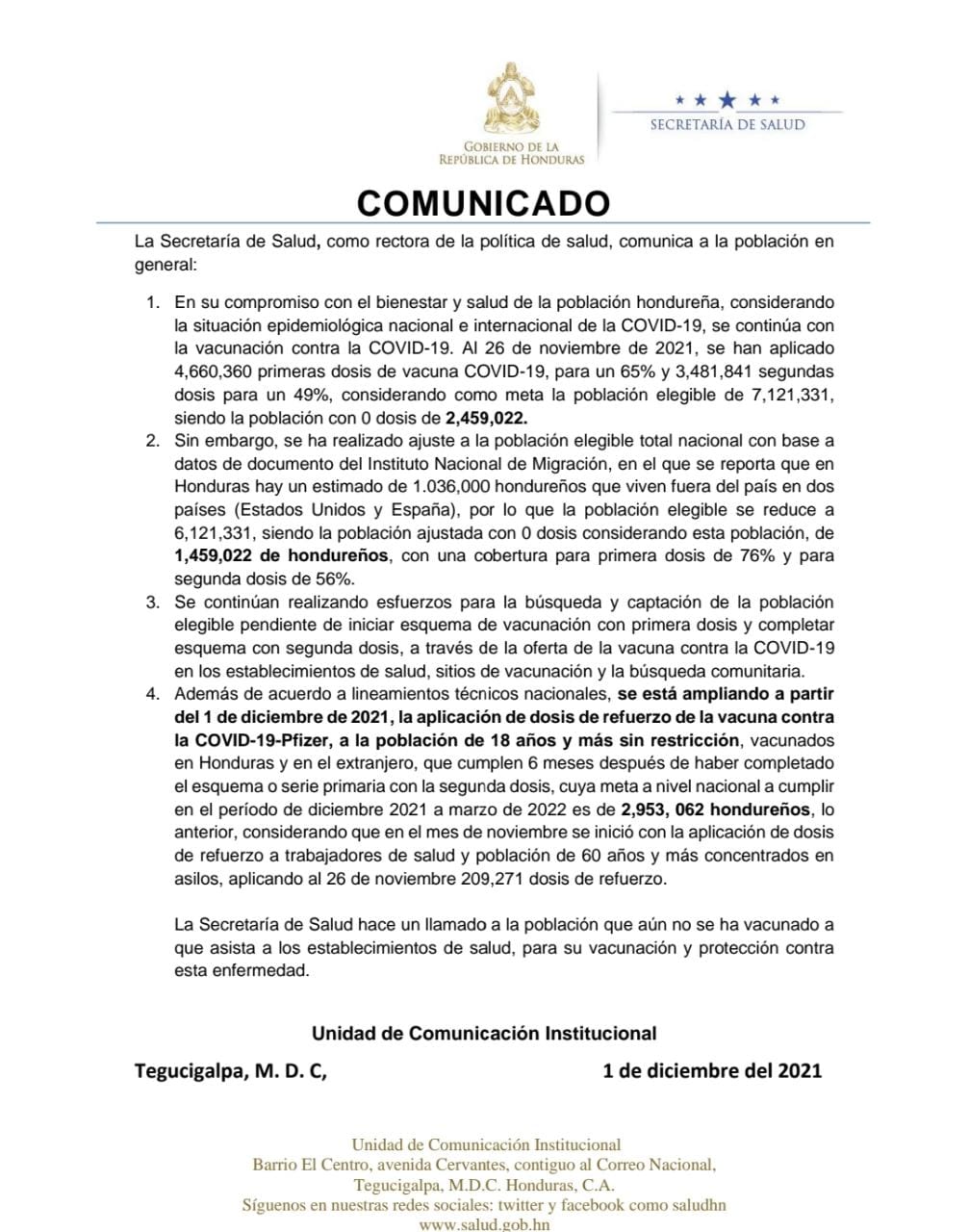 Honduras vacunación jueves