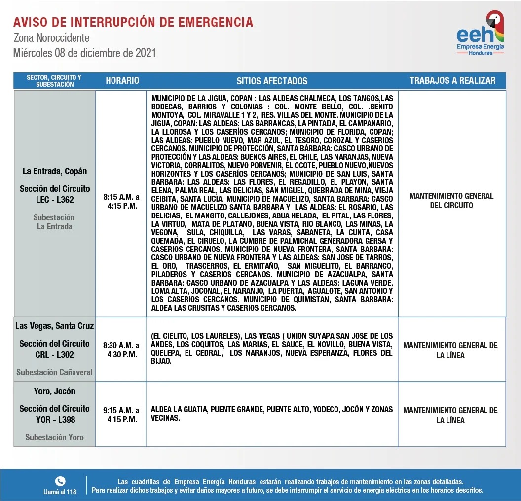 Honduras cortes de energía miércoles