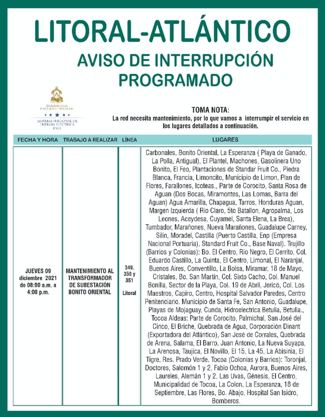 Honduras jueves cortes de energía