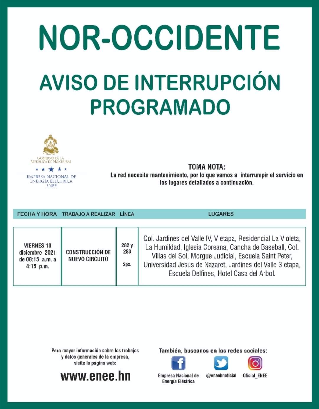 Honduras cortes de energía viernes