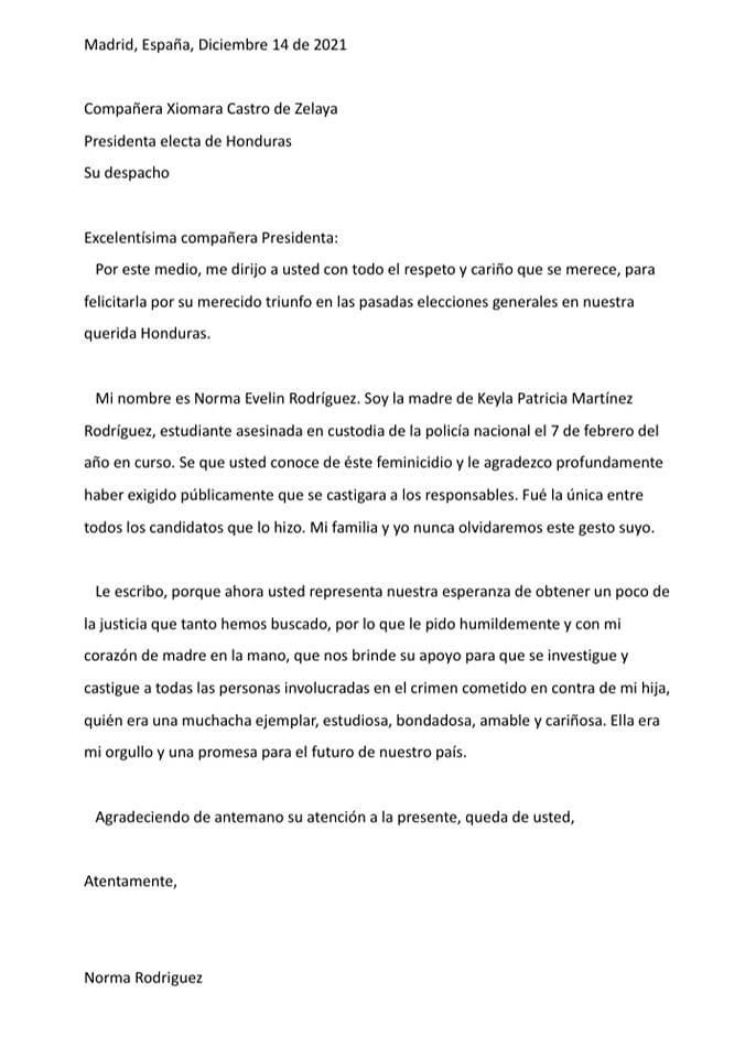 madre de Keyla Martínez Xiomara Castro
