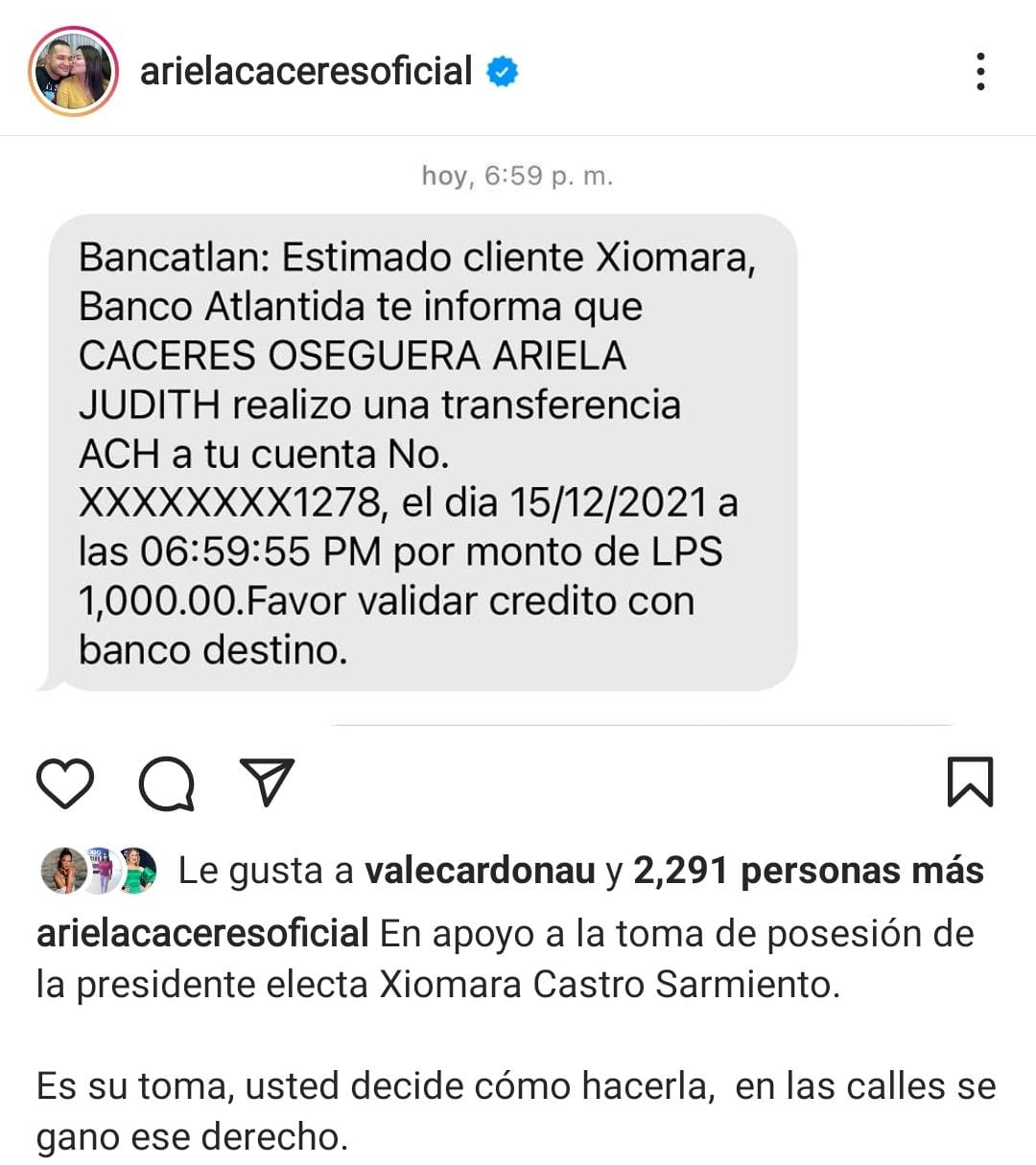 Ariela dona a Xiomara Castro