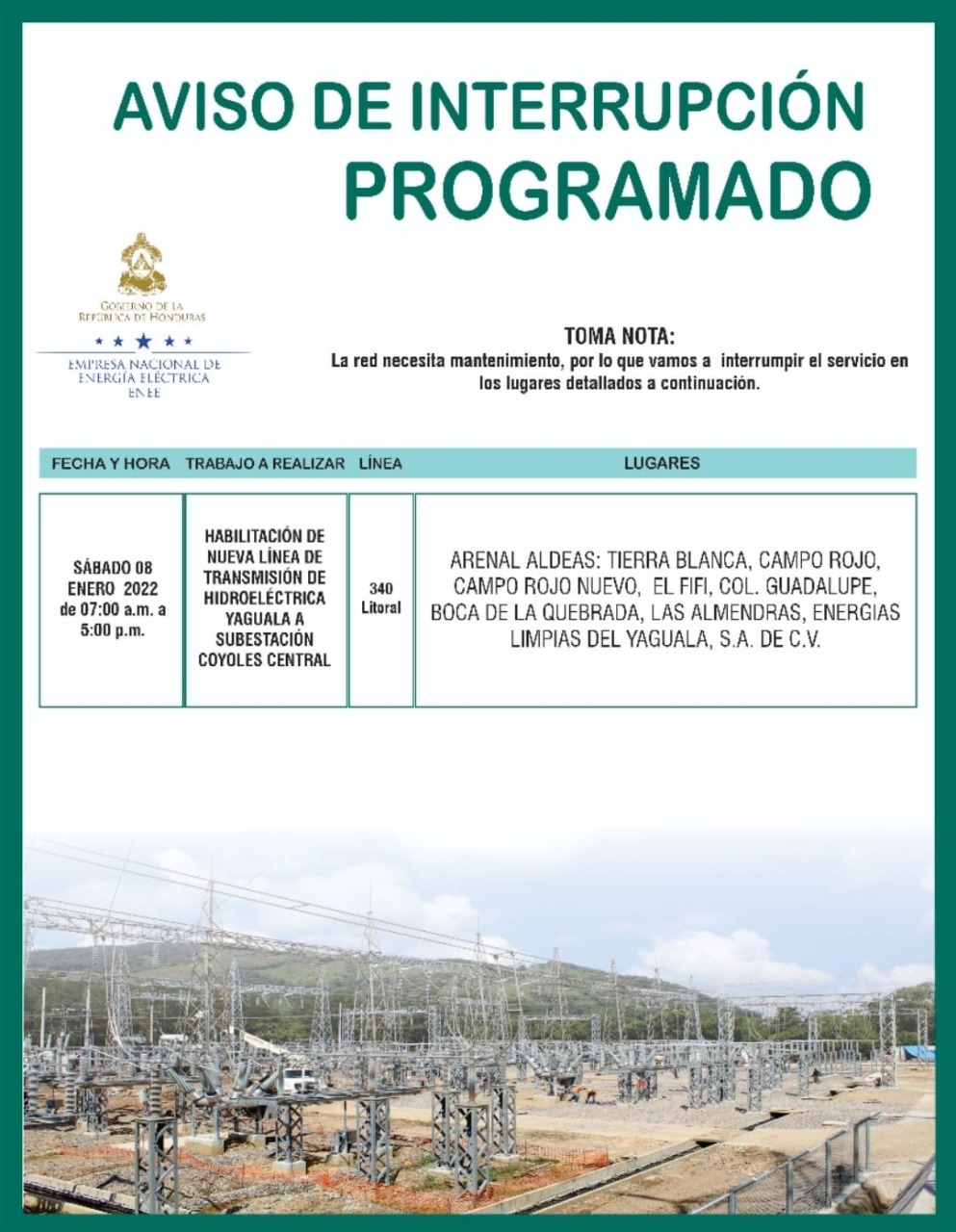 Calendario cortes de energía ENEE