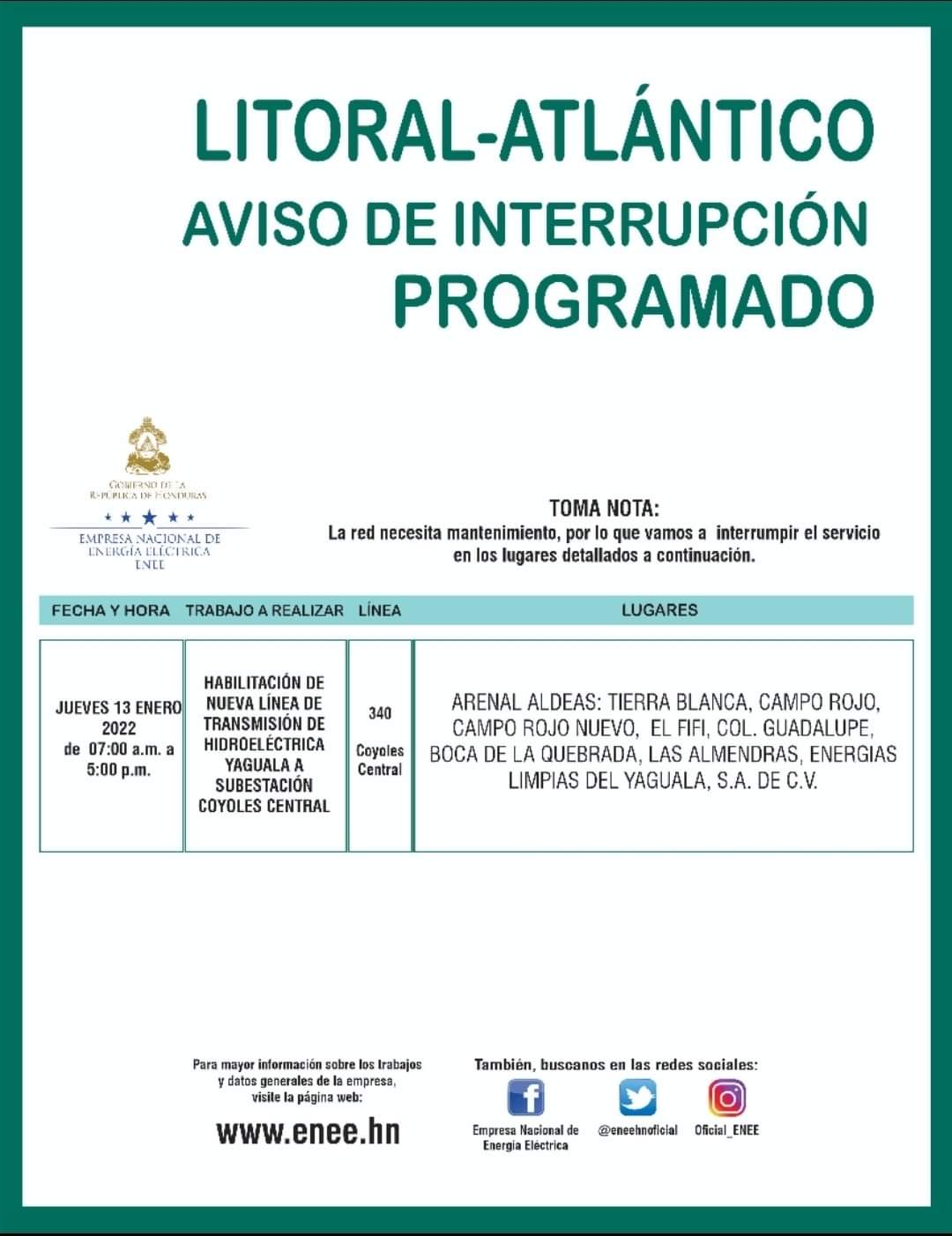 Honduras cortes de energía jueves