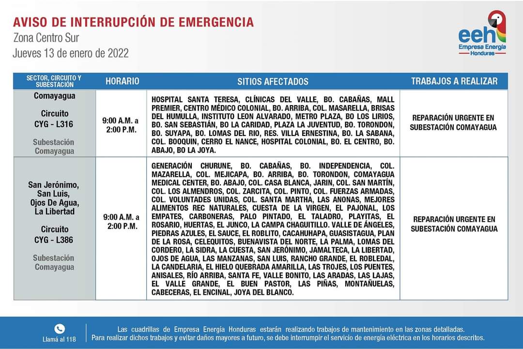 Honduras cortes de energía jueves