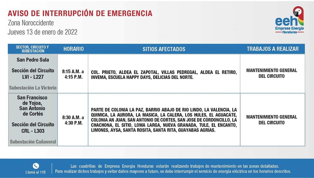 Honduras cortes de energía jueves