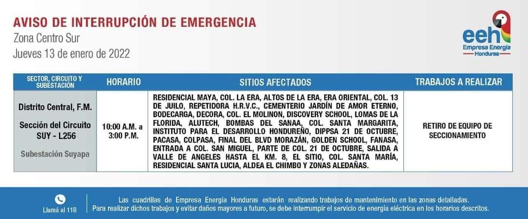 Honduras cortes de energía jueves