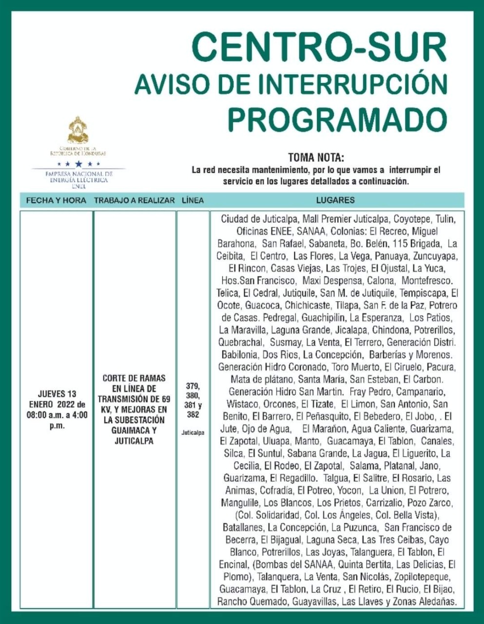 Honduras cortes de energía jueves