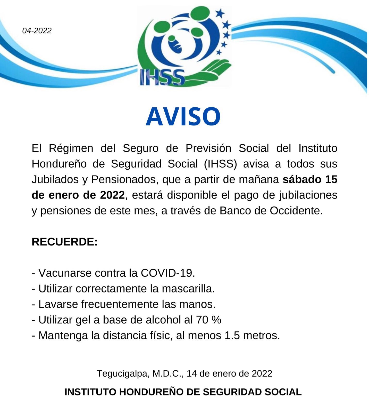 Comunicado emitido por el IHSS.