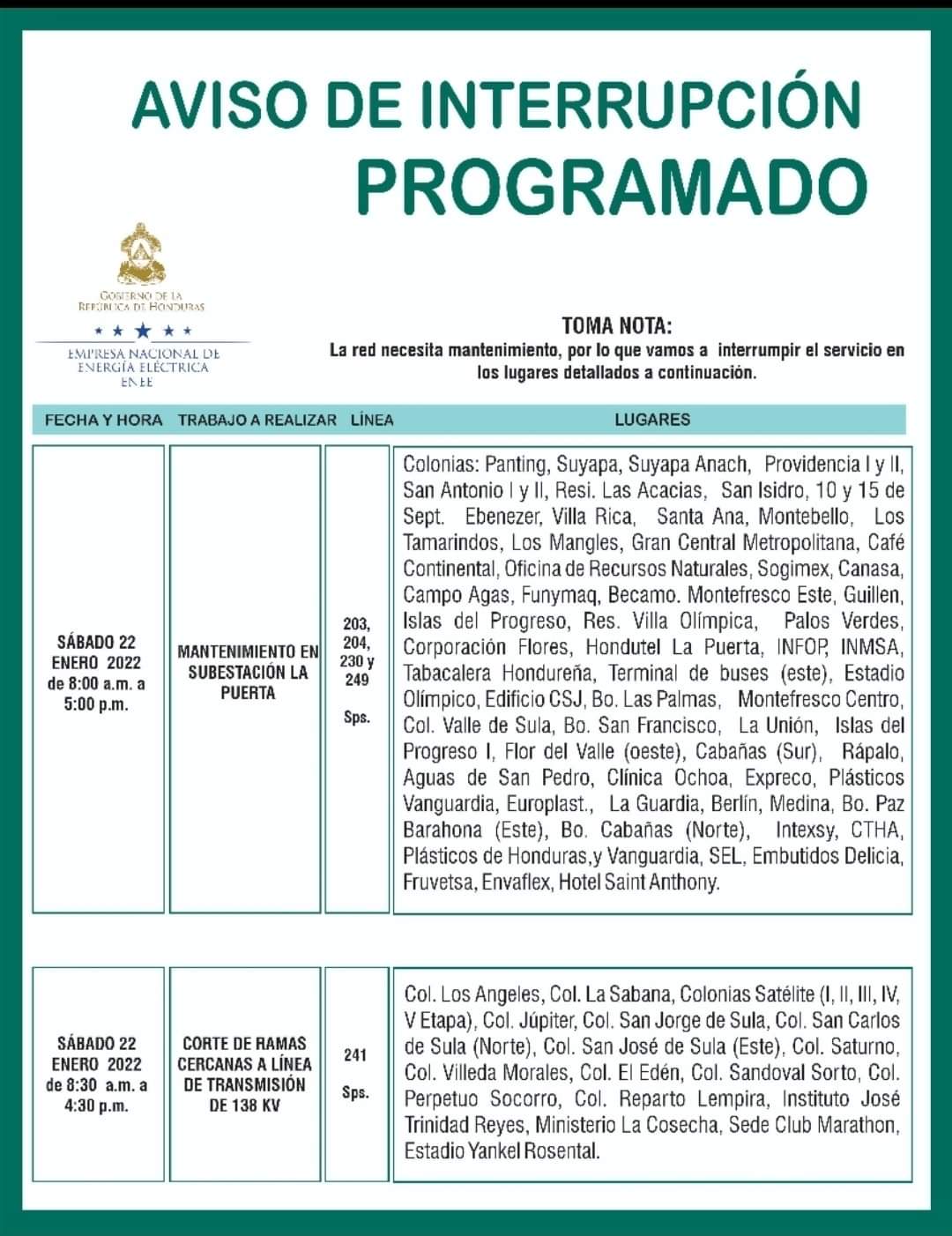 Honduras cortes de energía sábado 