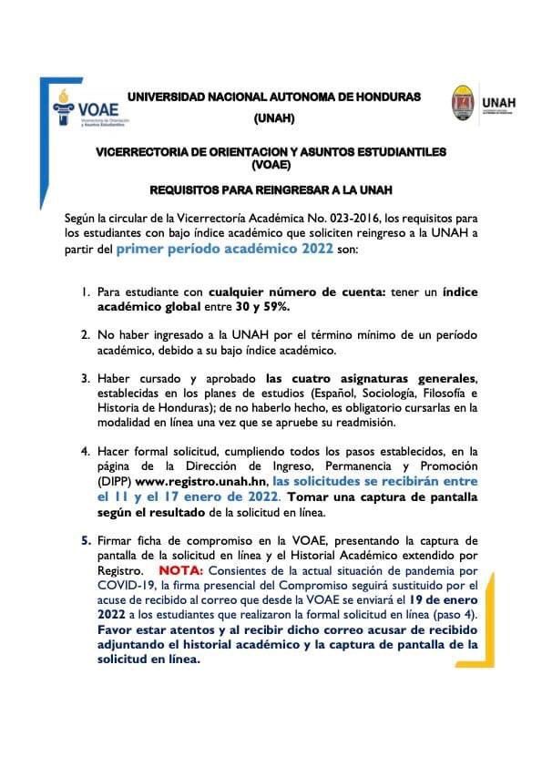 Requisitos reingreso UNAH