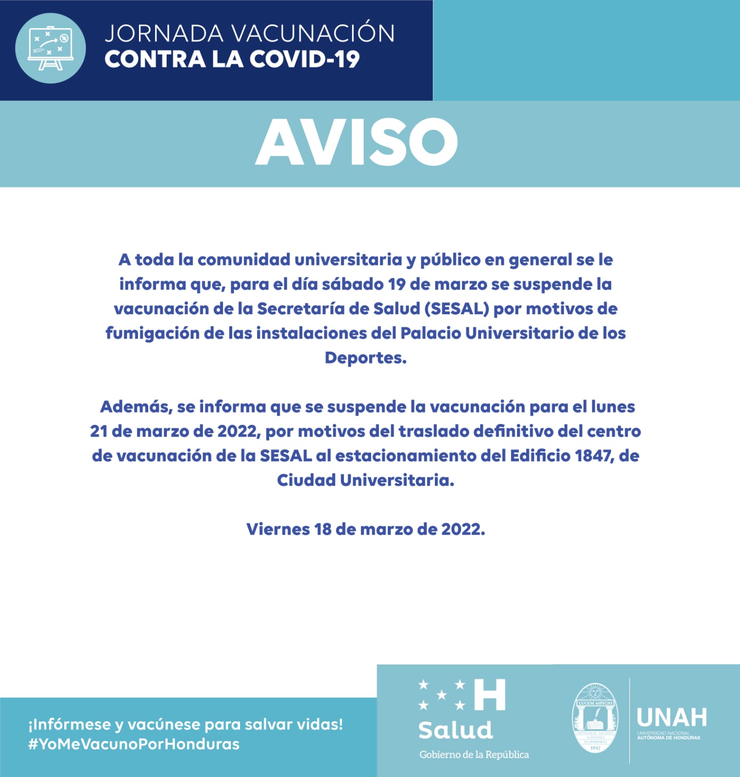 Aviso de la Región Metropolitana de Salud de Tegucigalpa.
