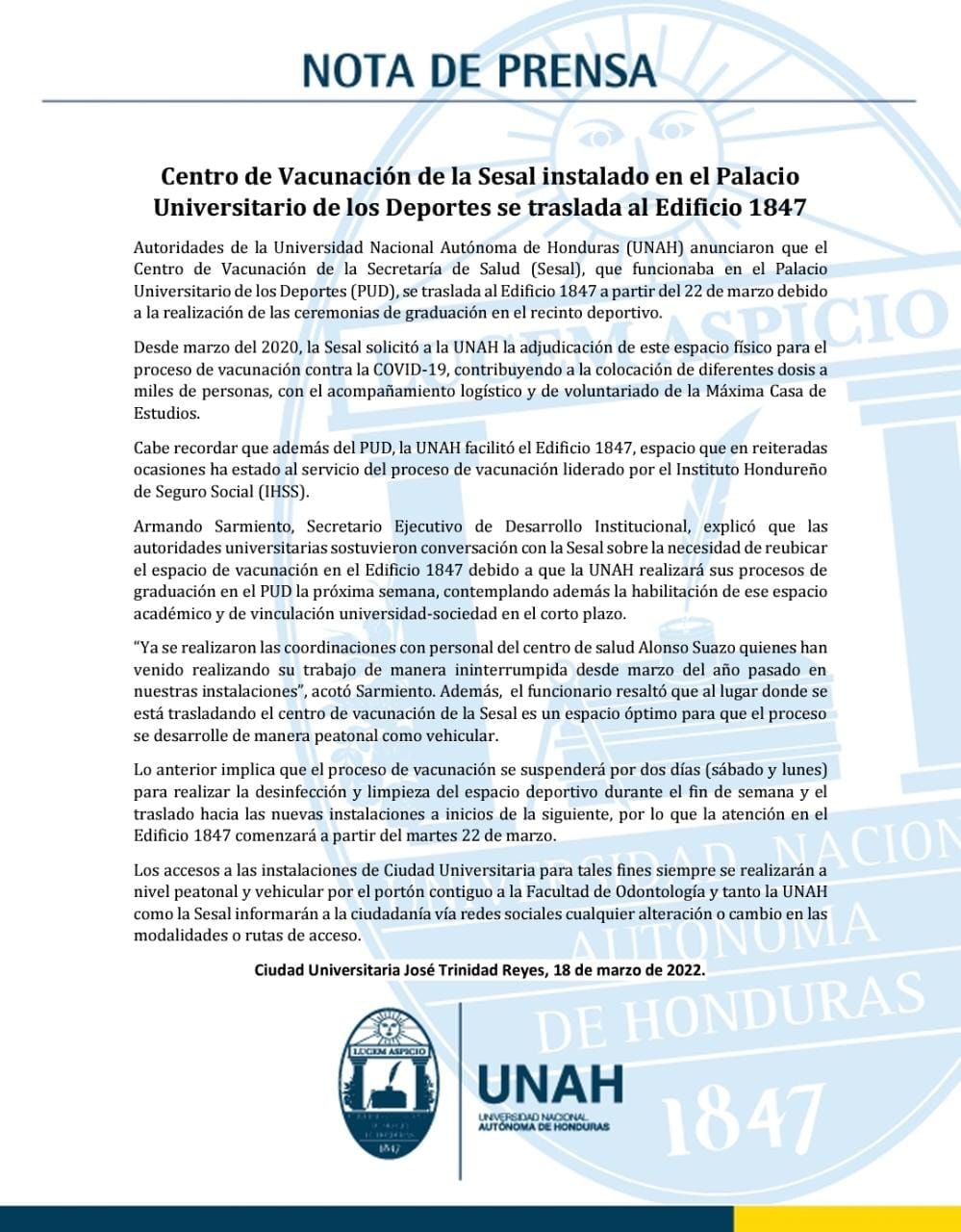 Comunicado emitido por la UNAH.