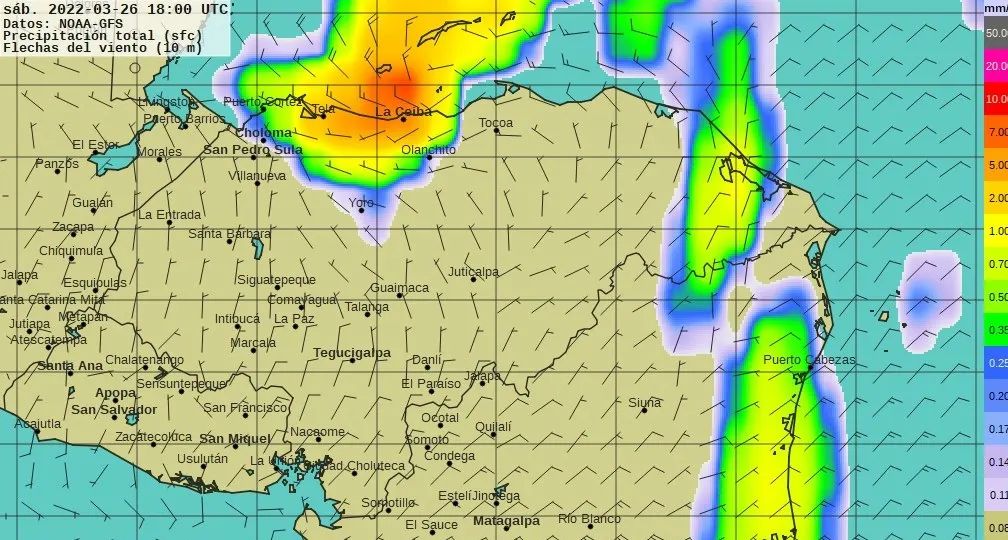 Mapa de lluvias del 26 de marzo del 2022.