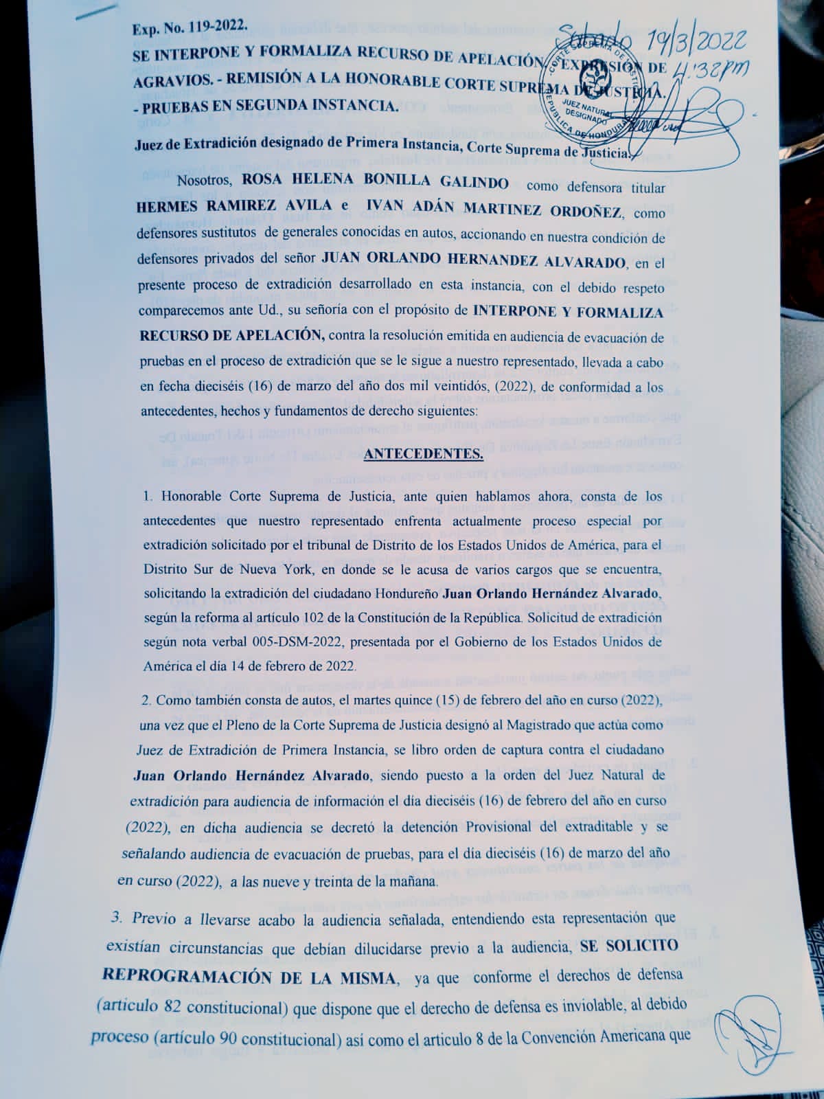 Apelación para evitar extradición de JOH