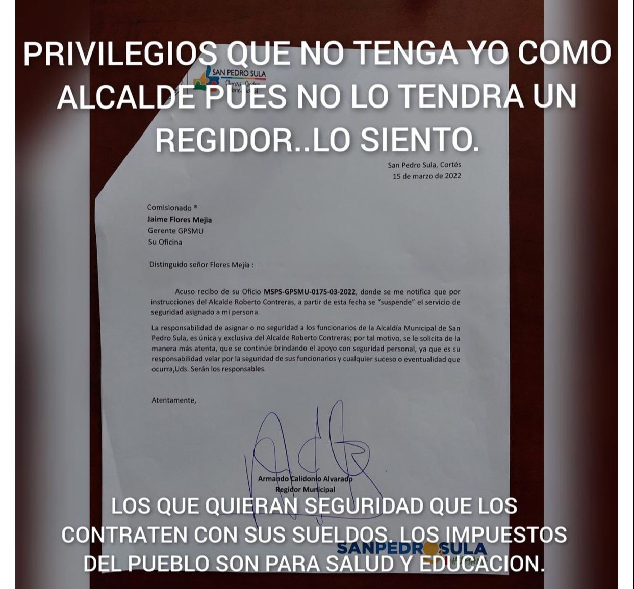 Supuesta carta presentada por el exalcalde de la ciudad.