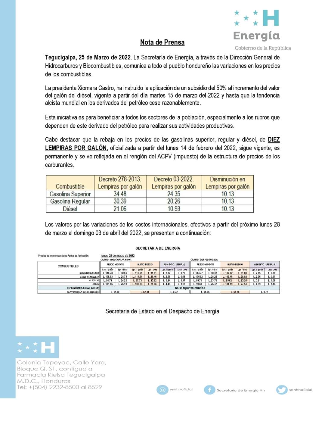 precios combustible Honduras