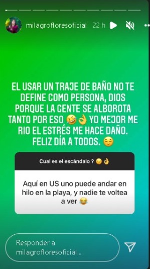 Milagro Flores contestó por medio de su Instagram asegurando que le da risa las críticas de las personas.