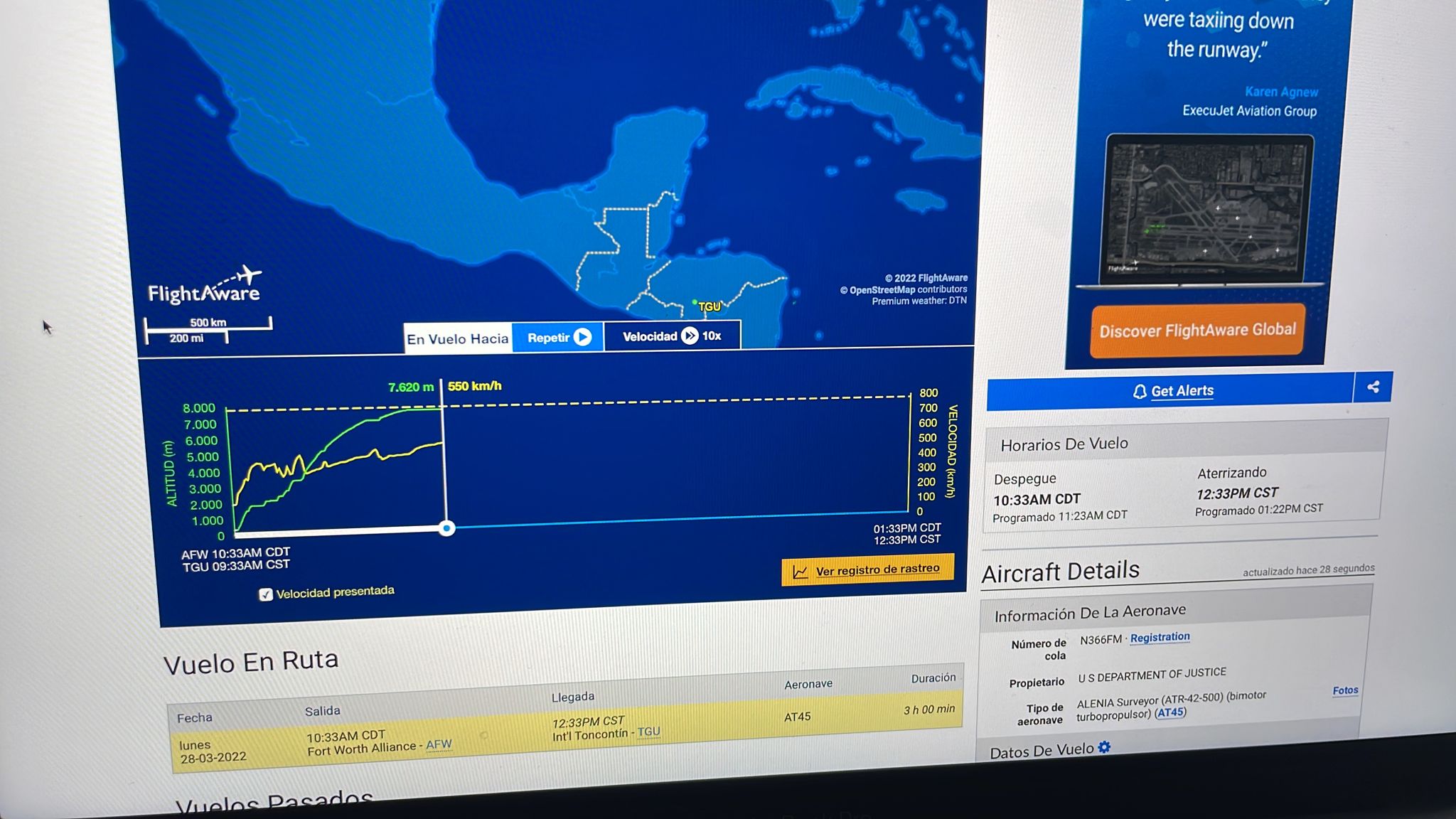 Seguimiento del vuelo de la DEA hacia Honduras.