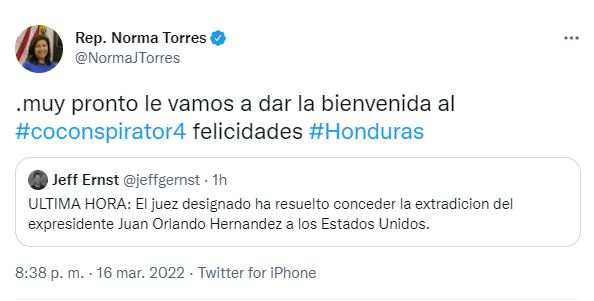 Norma Torres reacciona extradición JOH