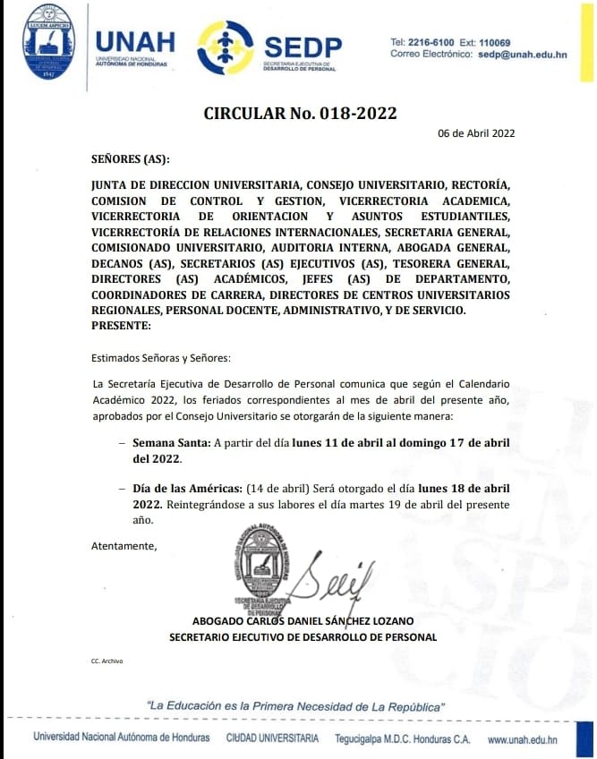 UNAH informa sobre feriados.