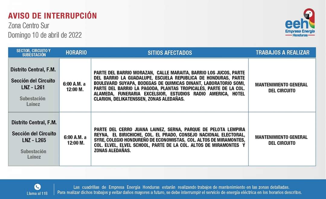 Honduras cortes de energía domingo