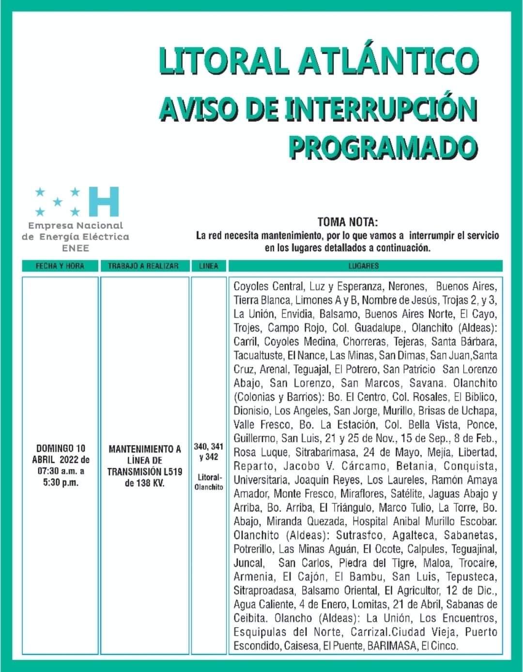 Honduras cortes de energía domingo