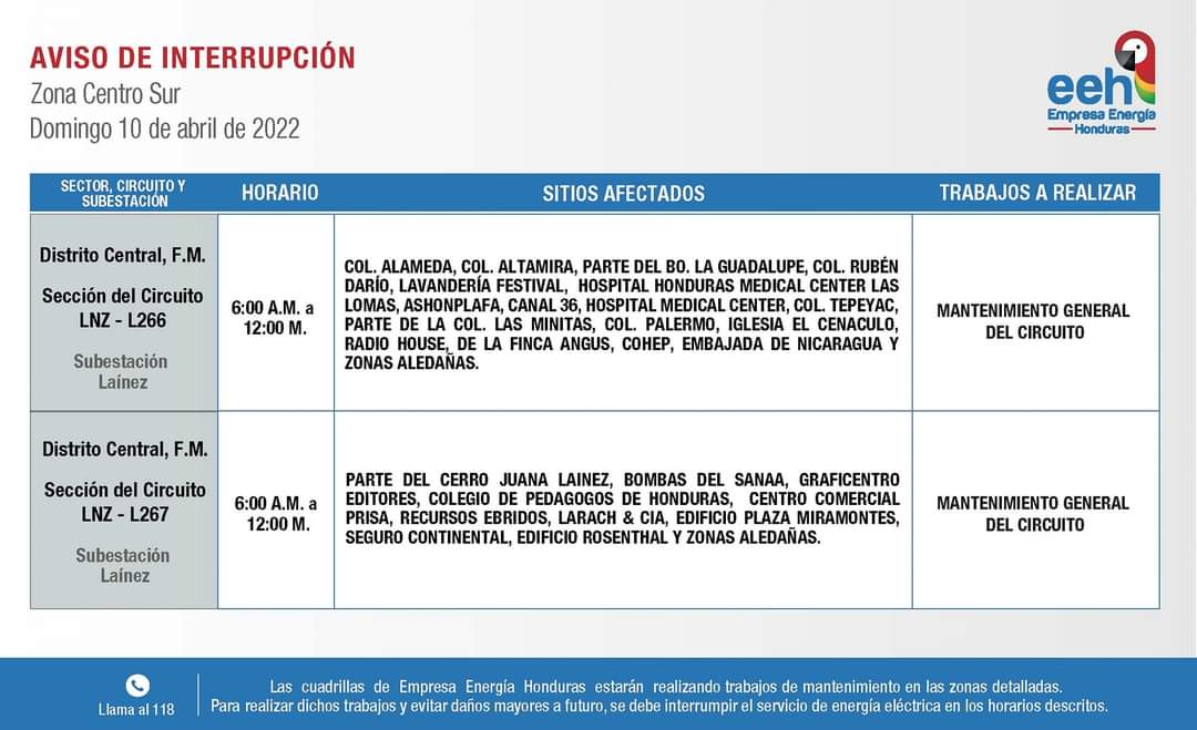 Honduras cortes de energía domingo