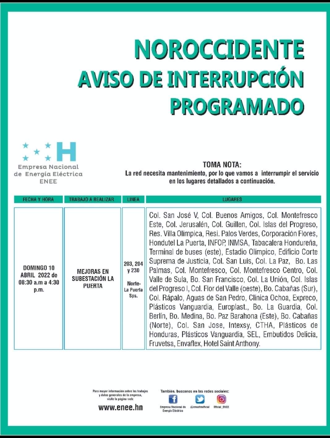 Honduras cortes de energía domingo