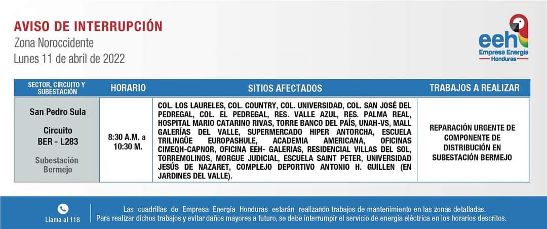 Calendario de cortes de energía para el lunes 11 de abril