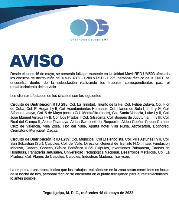 Comunicado compartido el Operador del Sistema.