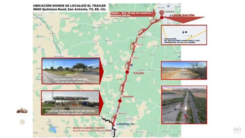 Ruta que habría tomado el conductor del tráiler en San Antonio, Texas.