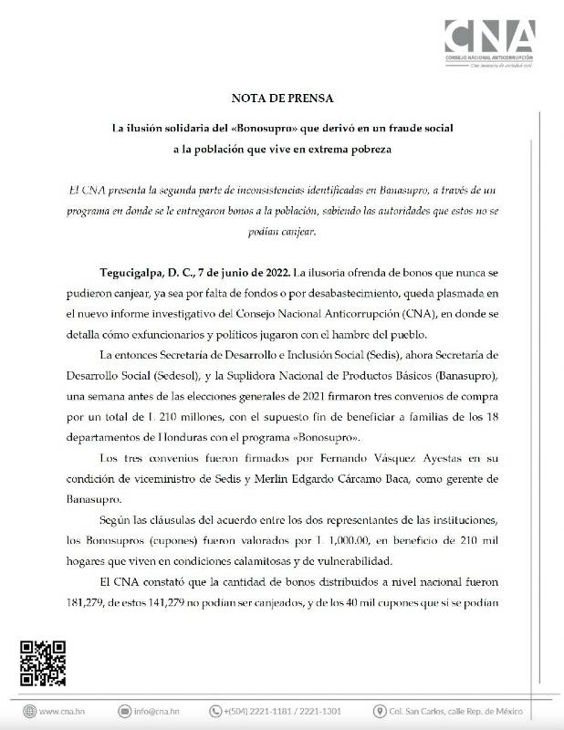 Comunicado emitido por el CNA sobre el caso de corrupción.