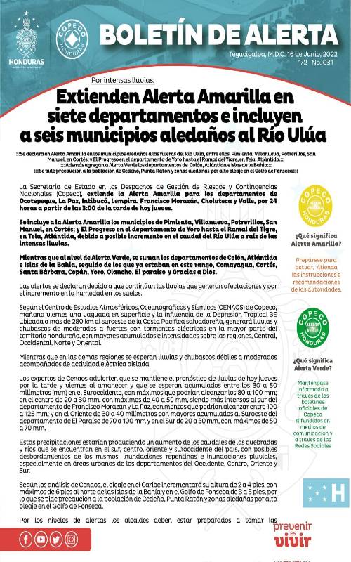 alerta amarilla en Honduras