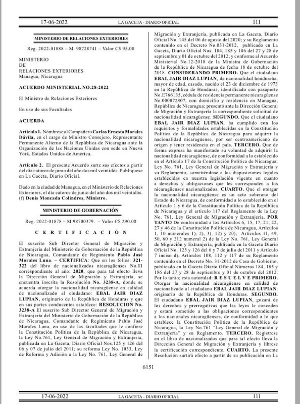 Nicaragua otorga ciudadanía Ebal Díaz Ricardo Cardon