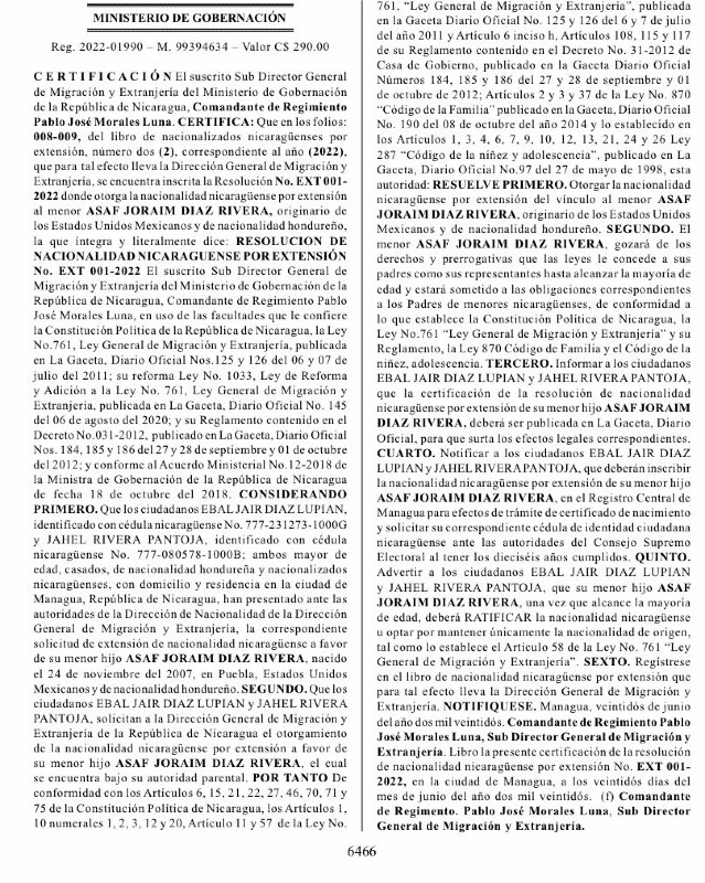 Documento donde se a los hijos de Ebal se les otorga la nacionalidad nicaragüense. 