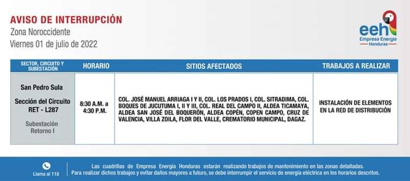 Cortes de energía este viernes 1 de julio