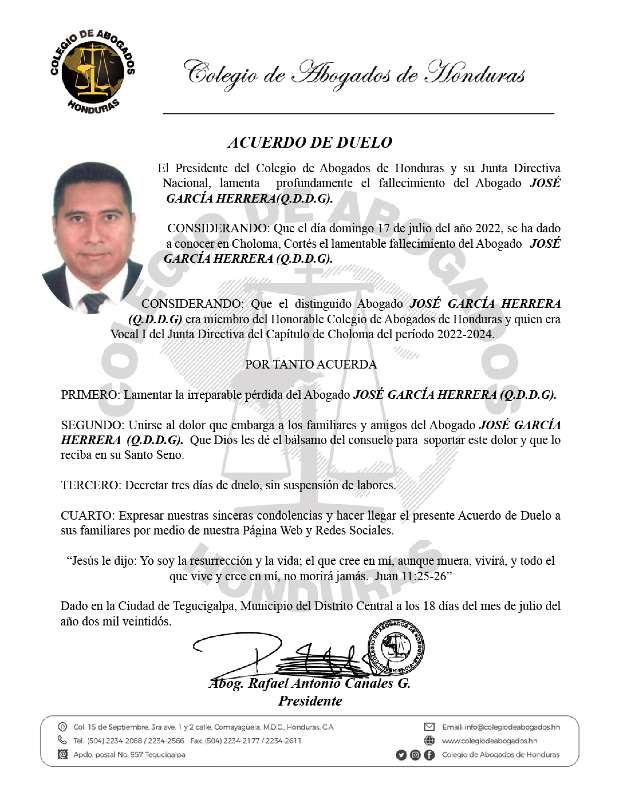 Nota de duelo del Colegio de Abogados de Honduras.