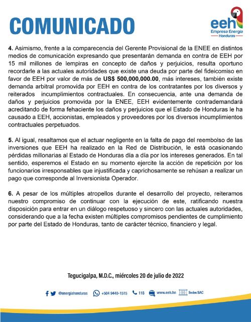 Primera parte del pronunciamiento emitido por la Empresa Energía Honduras (EEH).